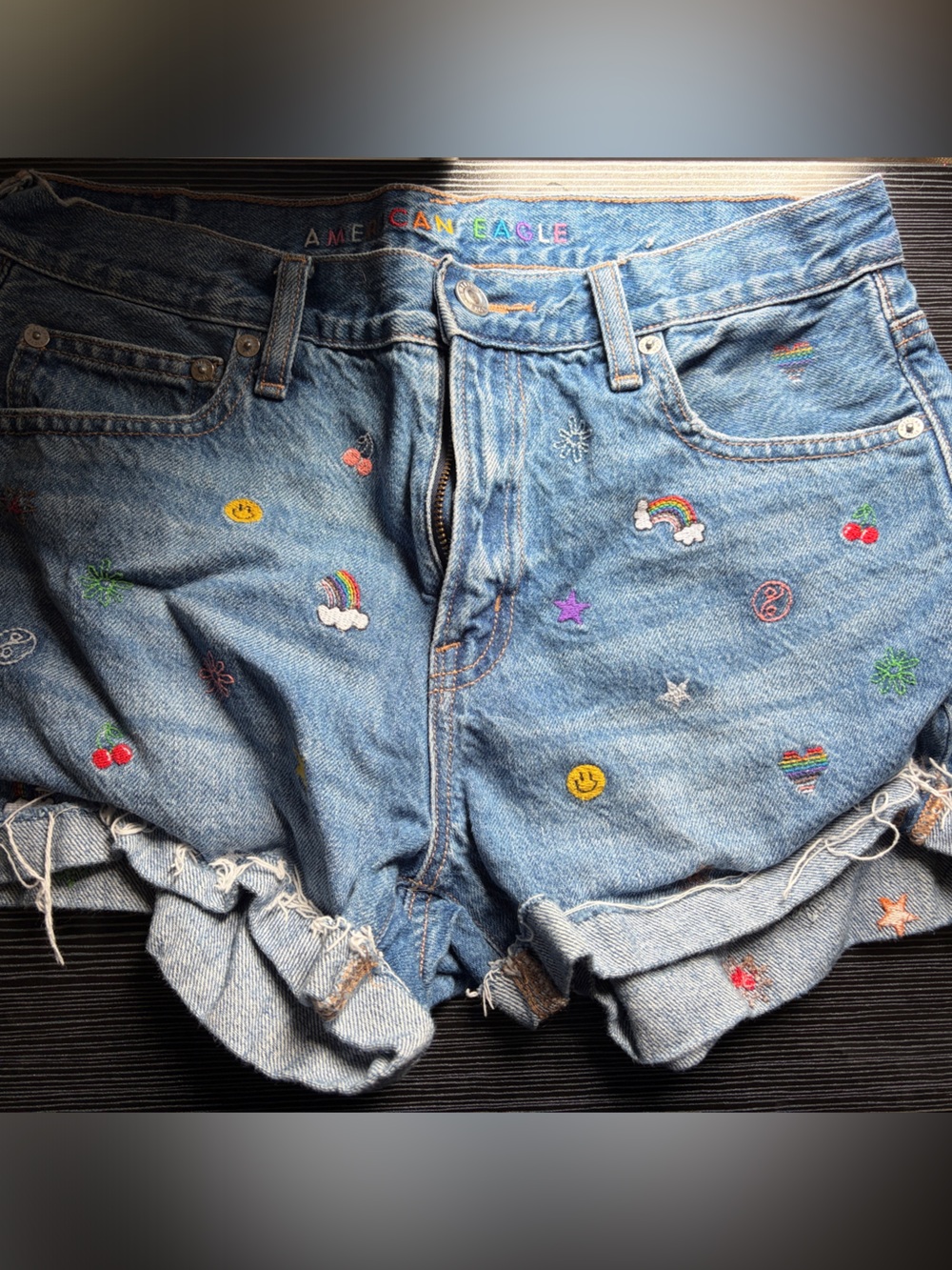 American Eagle Outfitters Light Blue Denim Shorts with Colorful Embroidery